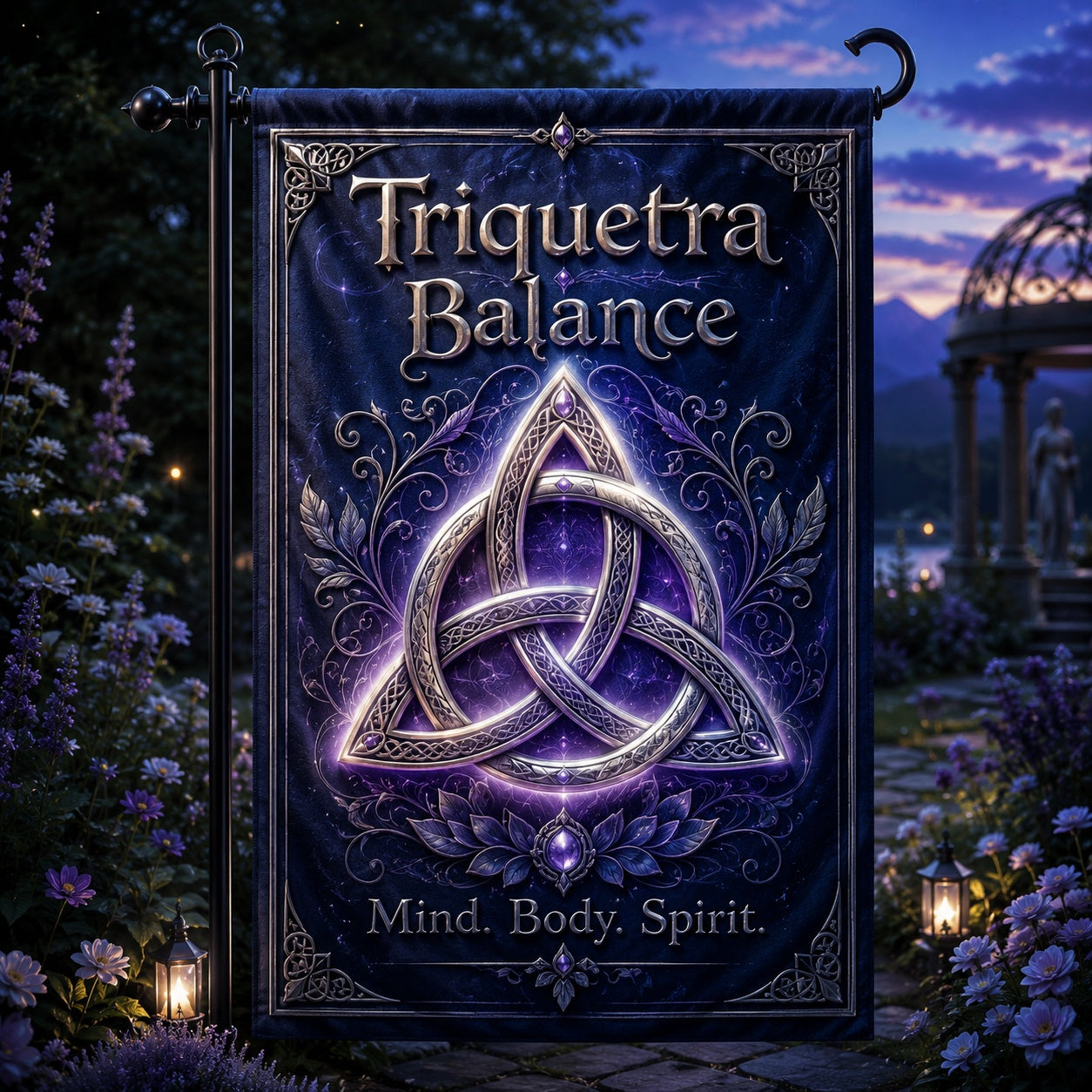 Triquetra Balance house flag with Mind Body Spirit Celtic design