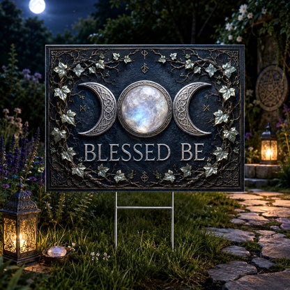 Blessed Be Triple Moon Wicca Yard Sign - front view