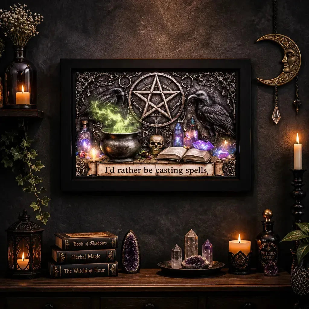 Wiccan Pentacle Wall Art with Raven - Black Framed Canvas Print for Halloween Gothic Spiritual Decor_mockup_2.webp