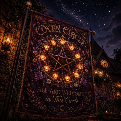 Coven Circle house flag mockup hanging outdoors as inclusive pagan decor