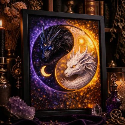 Yin-Yang Dragon Canvas Wall Art with Sun Moon - Mystical Black Framed Art Print for Pagan Altar & Sacred Space_mockup_3.webp
