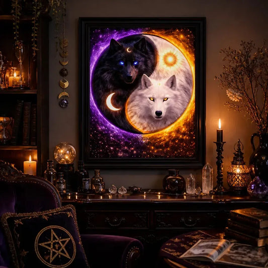 Yin-Yang Wolf Canvas Wall Art with Sun Moon - Mystical Wolves Black Framed Art Print Witchy Wall Decor_mockup_1.webp