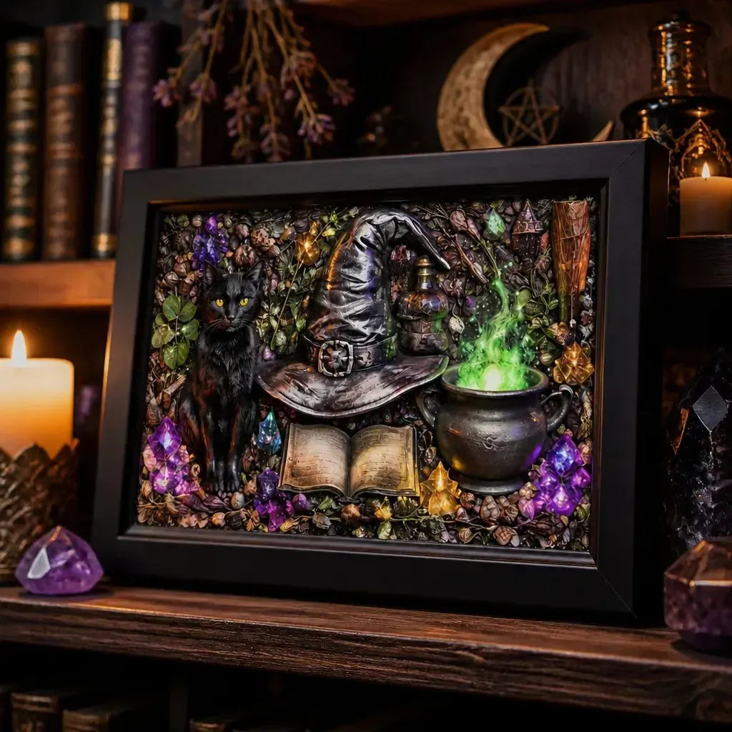 Black Framed Gothic Black Cat & Witchy Hat Wall Art - Halloween Canvas Print for Witch House Decor_mockup_3.webp