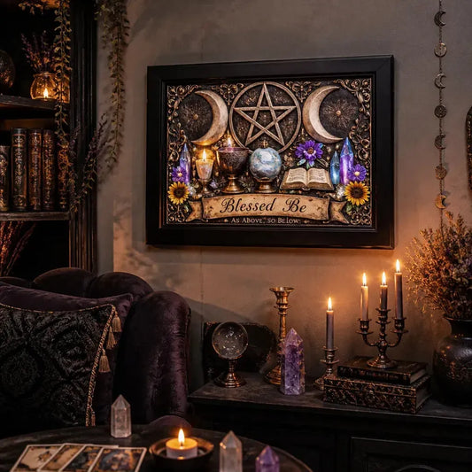 Witchy Triple Moon & Pentagram Canvas Print - Wicca Black Framed Wall Art for Pagan Home Decor_mockup_1.webp