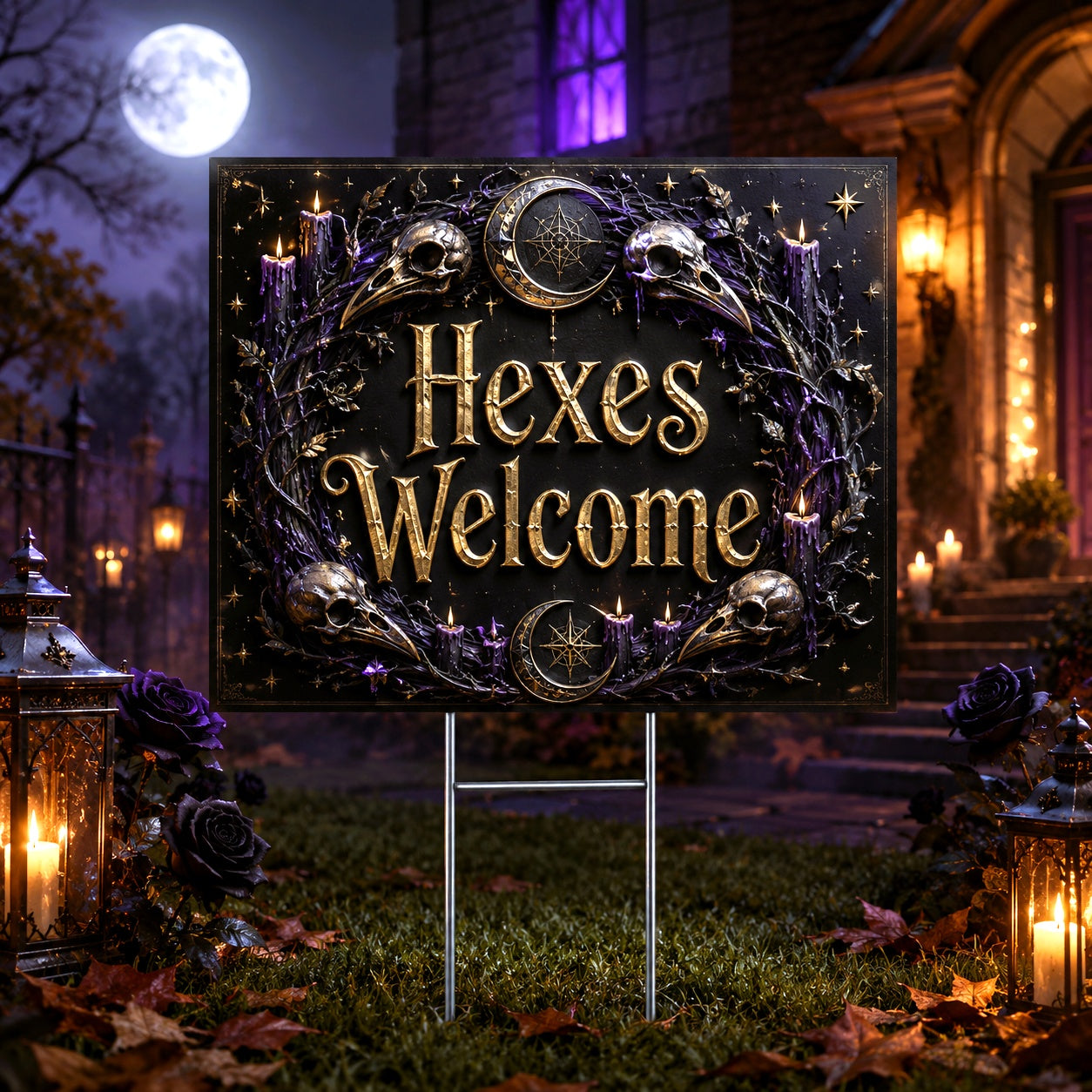 Gothic Skull Raven Hexes Welcome Witchy Halloween Yard Sign - front view