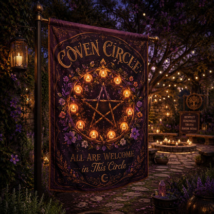 Coven Circle house flag with All Are Welcome inclusive pagan design
