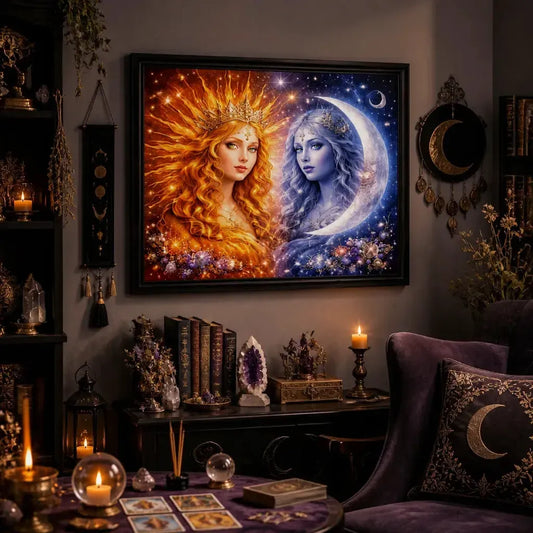 Mystical Sun and Moon Goddess Print - Black Framed Canvas Wall Art for Pagan Home Decor_mockup_1.webp