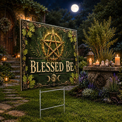 Blessed Be Pentacle Triple Moon Wicca Yard Sign - garden display