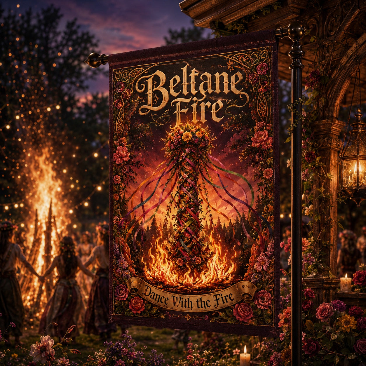 Close-up of Beltane Fire house flag showing maypole artwork