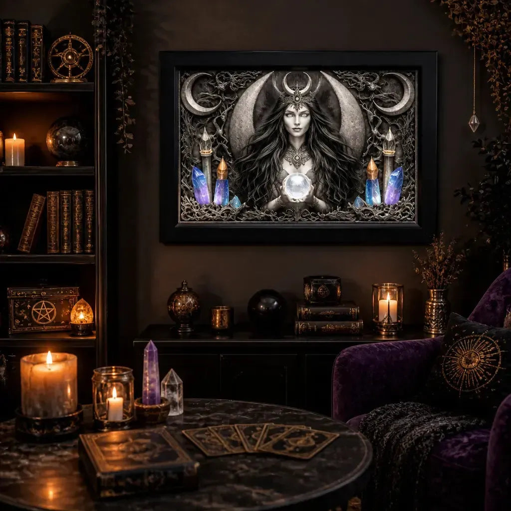 Gothic Wiccan Moon Goddess Black Framed Art Print - Witchy Canvas Wall Art for Pagan Home Decor_mockup_1.webp