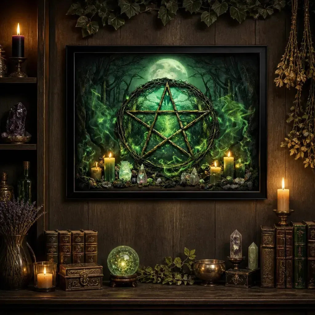 Gothic Pagan Pentacle Art Print - Black Framed Canvas Wall Decor for Witchy Halloween_mockup_2.webp