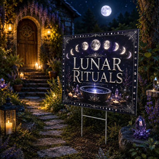 Lunar Rituals Moon Phases Cauldron Wicca Yard Sign - porch scene