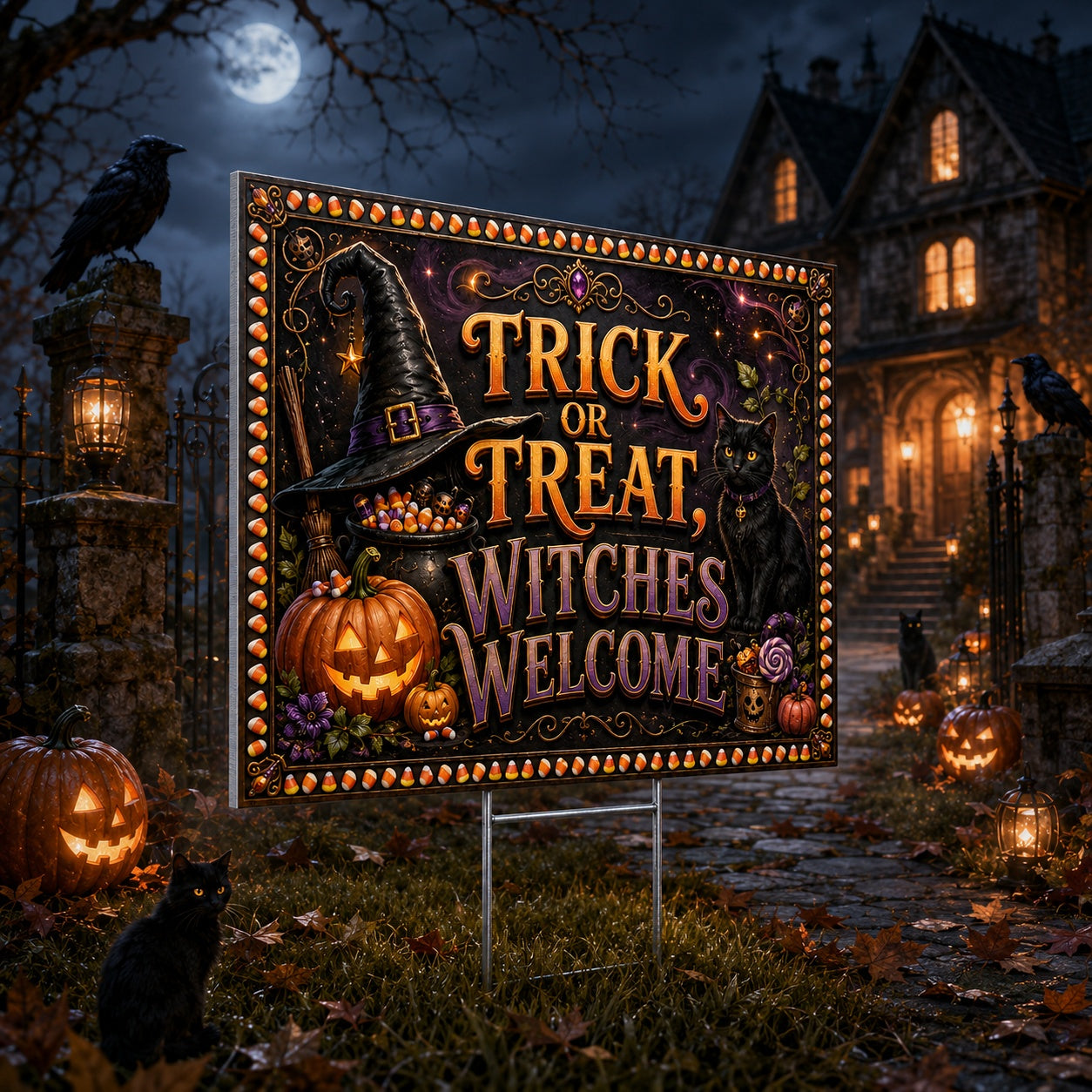 Trick or Treat, Witches Welcome Halloween Yard Sign - porch scene
