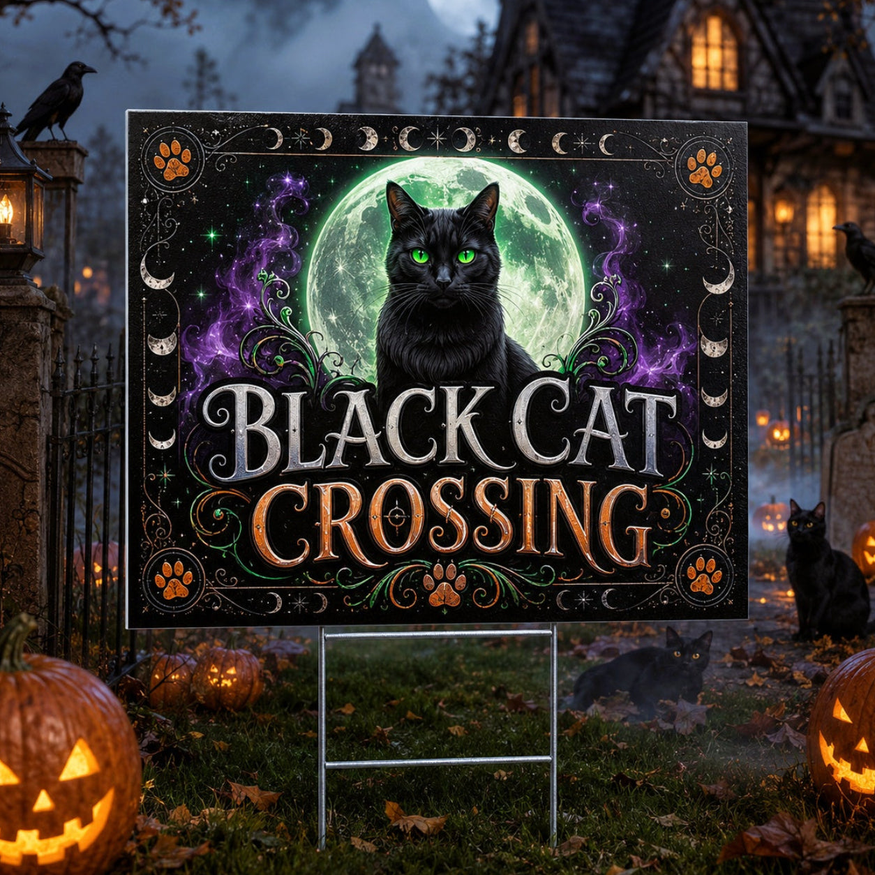 Black Cat Crossing on Halloween Night Yard Sign - front view