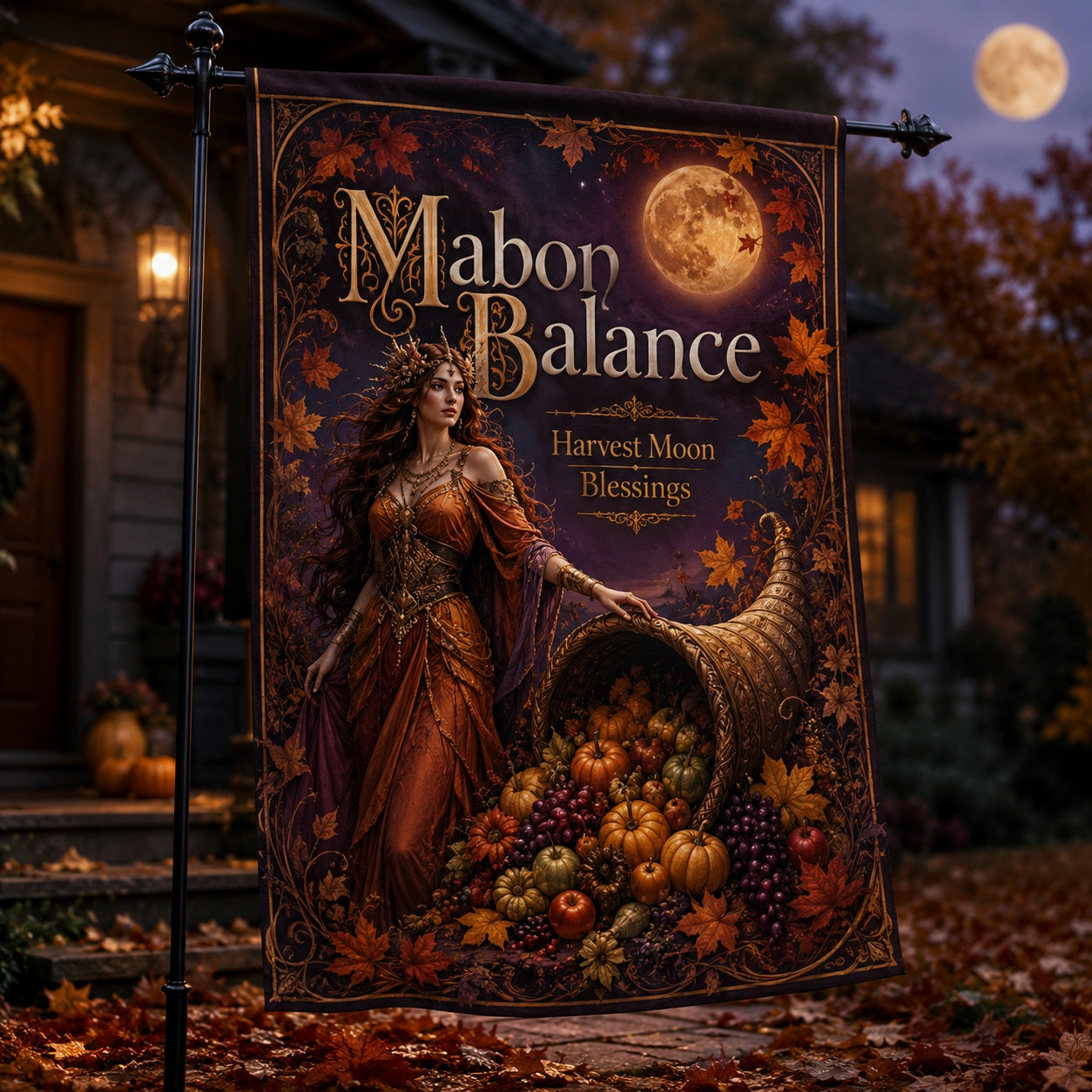 Mabon Balance house flag with Harvest Moon Blessings cornucopia goddess design