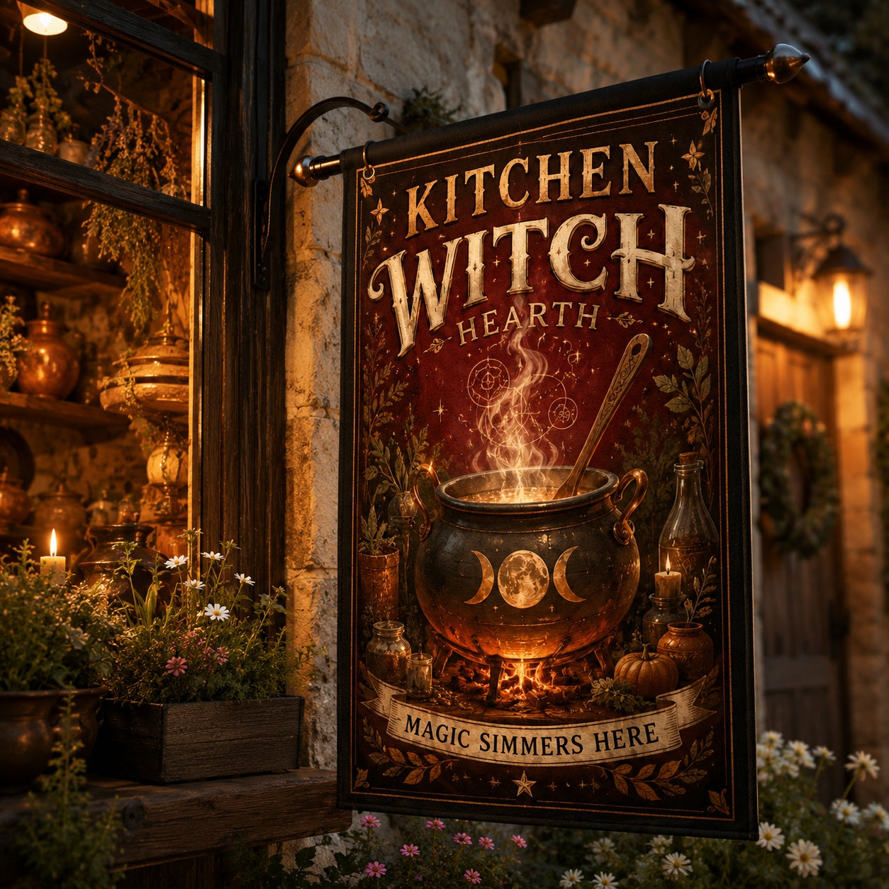 Close-up of Kitchen Witch Hearth house flag showing cauldron artwork