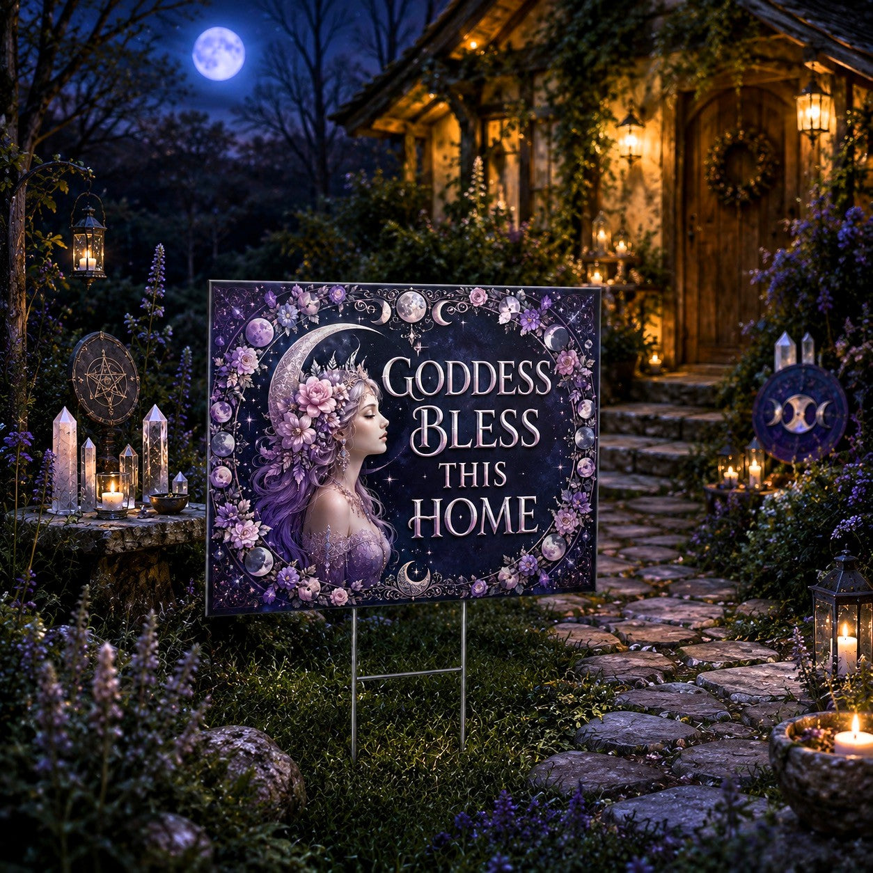 Goddess Bless This Home Floral Moon Wicca Yard Sign - porch scene
