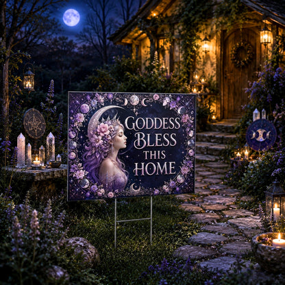 Goddess Bless This Home Floral Moon Wicca Yard Sign - porch scene
