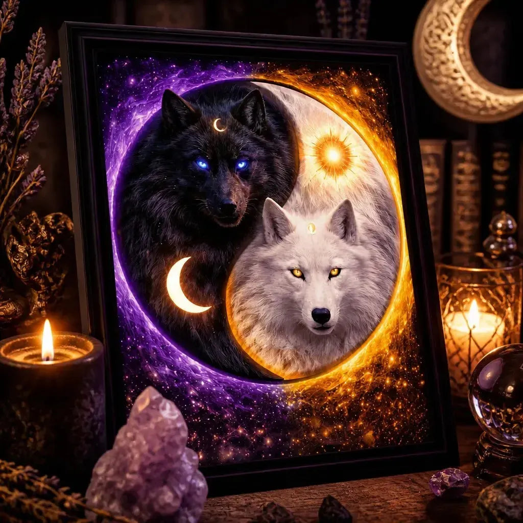 Yin-Yang Wolf Canvas Wall Art with Sun Moon - Mystical Wolves Black Framed Art Print Witchy Wall Decor_mockup_3.webp