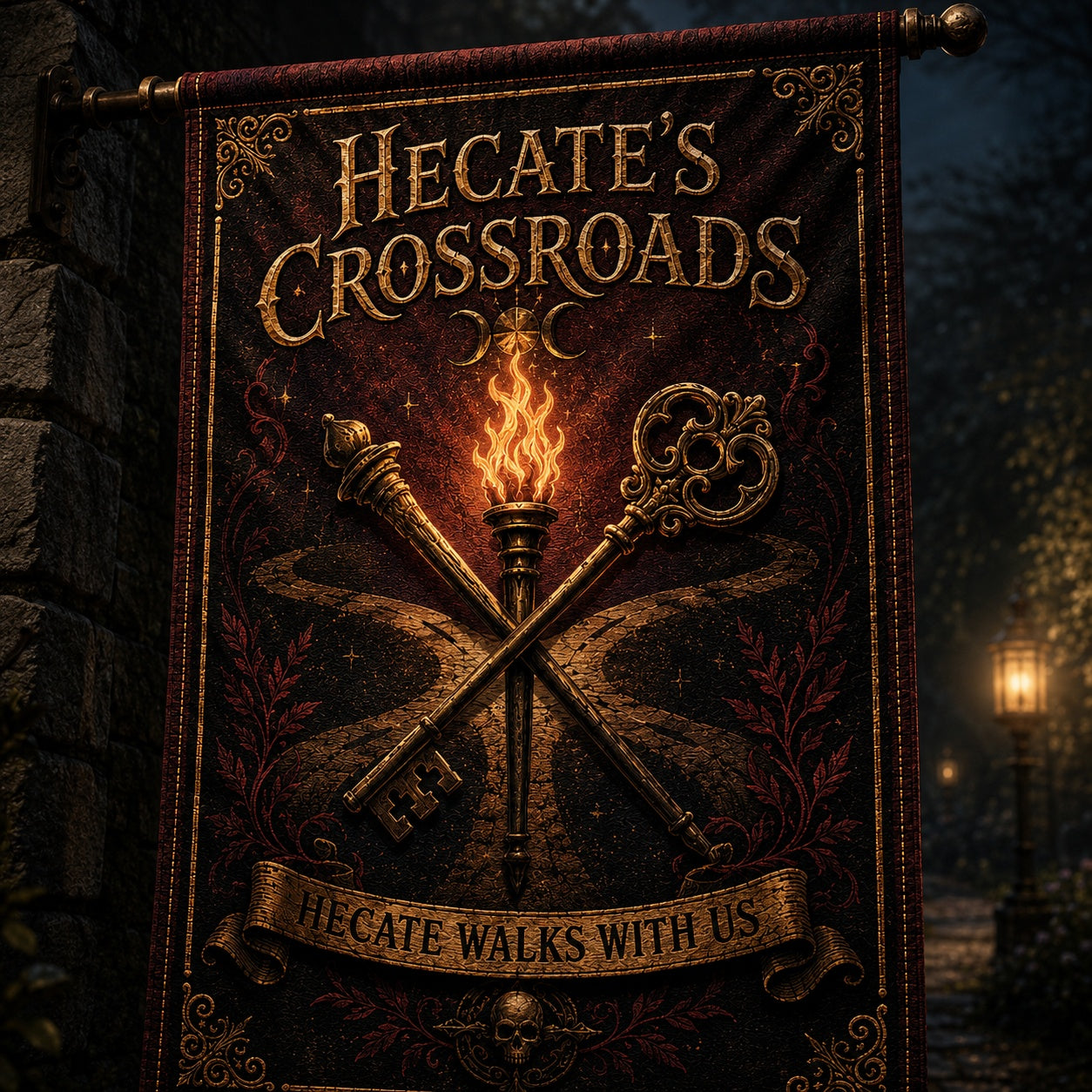 Hecates Crossroads house flag displayed outdoors on a garden flag stand