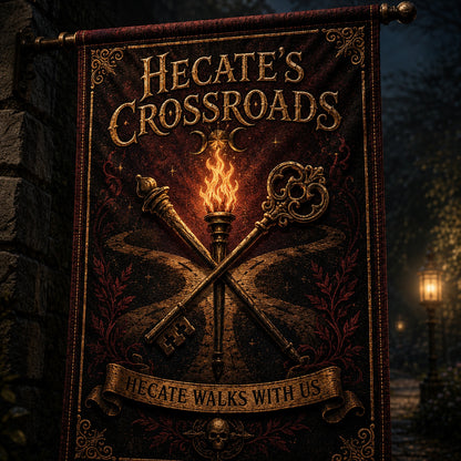 Hecates Crossroads house flag displayed outdoors on a garden flag stand