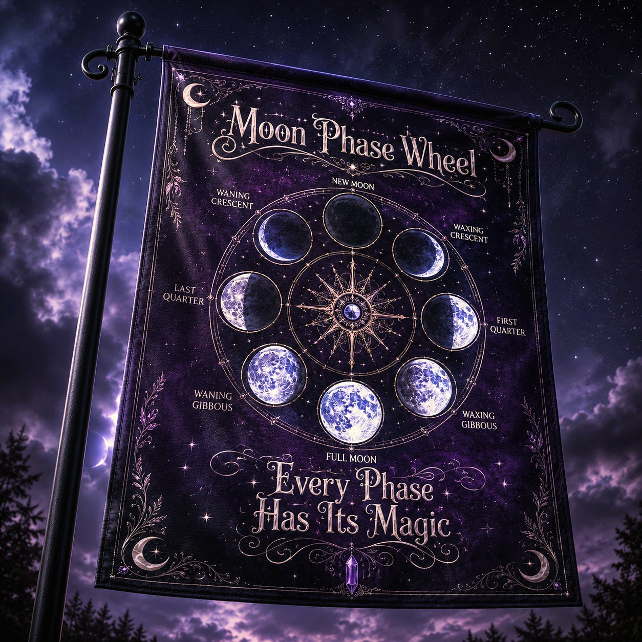 Lunar Phase Wheel Chart house flag mockup hanging outdoors as pagan decor
