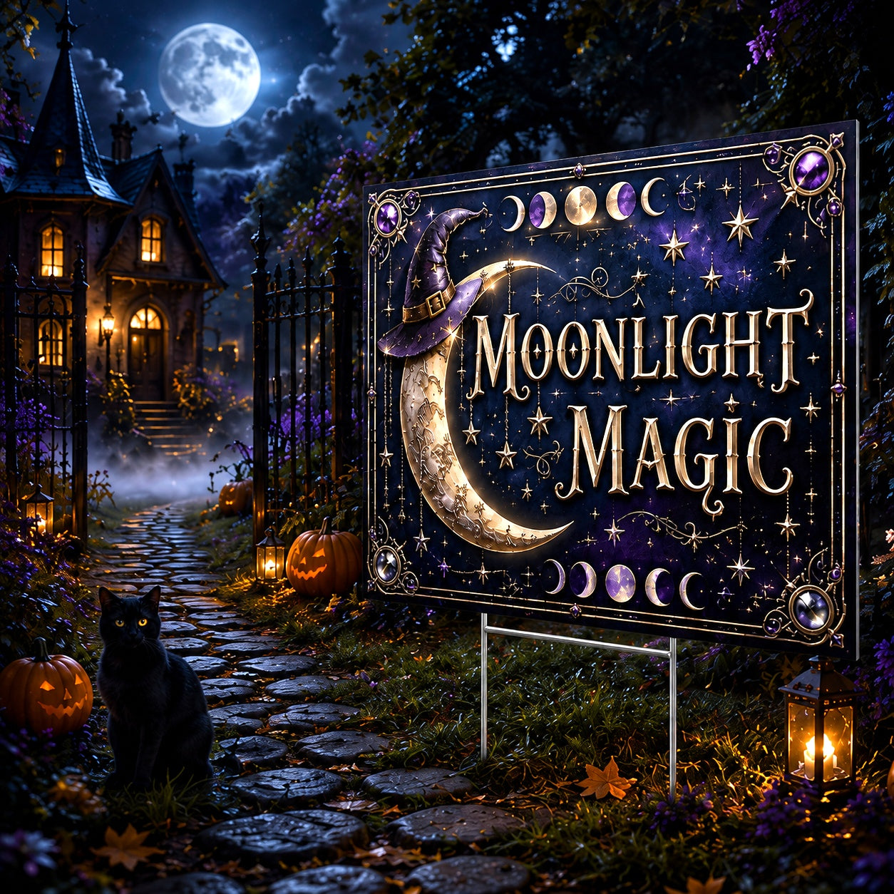 Moonlight Magic Witchy Moon Phases Halloween Yard Sign - porch scene