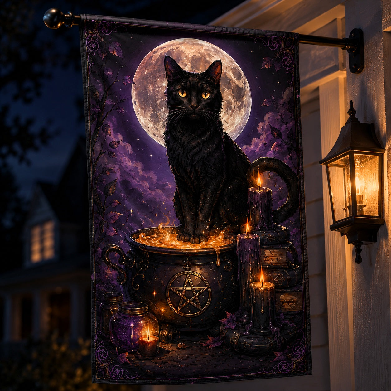 Black Cat Cauldron house flag displayed outdoors on a garden flag stand