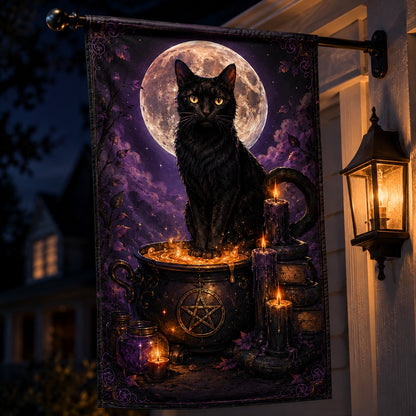 Black Cat Cauldron house flag displayed outdoors on a garden flag stand