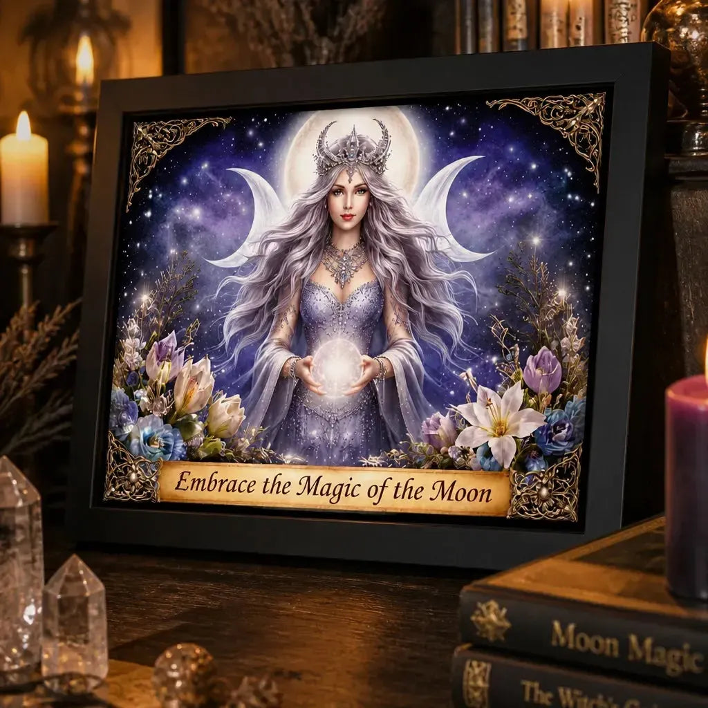 Triple Moon Goddess Wicca Decor - Black Framed Witchy Canvas Print for Pagan Sacred Space_mockup_3.webp