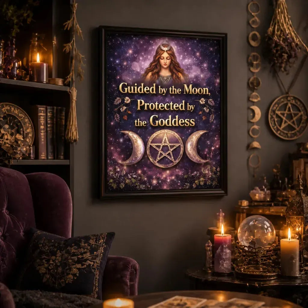 Wiccan Goddess Black Framed Art Print with Triple Moon- Pagan Canvas Wall Art for Sacred Decor_mockup_1.webp