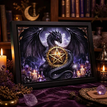 Mystical Dragon Wall Art with Wicca Pentacle - Black Framed Canvas Print for Halloween Gothic Spiritual Decor_mockup_3.webp