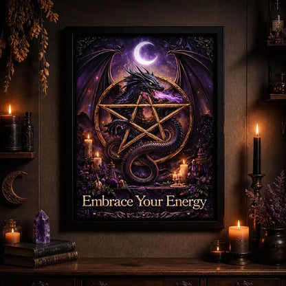Mystical Dragon Canvas Wall Art with Pentacle - Gothic Black Framed Print for Wicca Altar Decor_mockup_2.webp