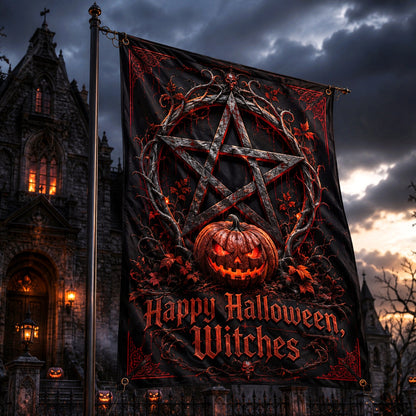 Happy Halloween Witches house flag with pentacle pumpkin gothic design