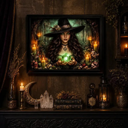 Dark Witch Black Framed Art Print - Gothic Canvas Wall Decor for Halloween_mockup_2.webp