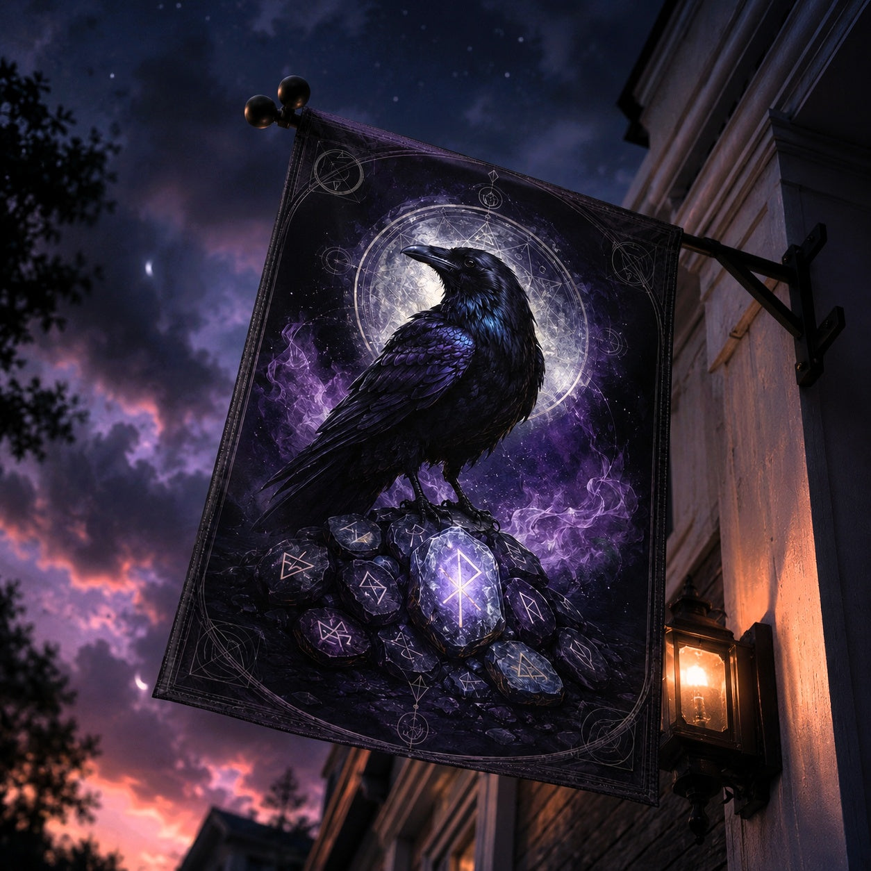 Raven Rune Stones house flag mockup hanging outdoors as pagan witch decor