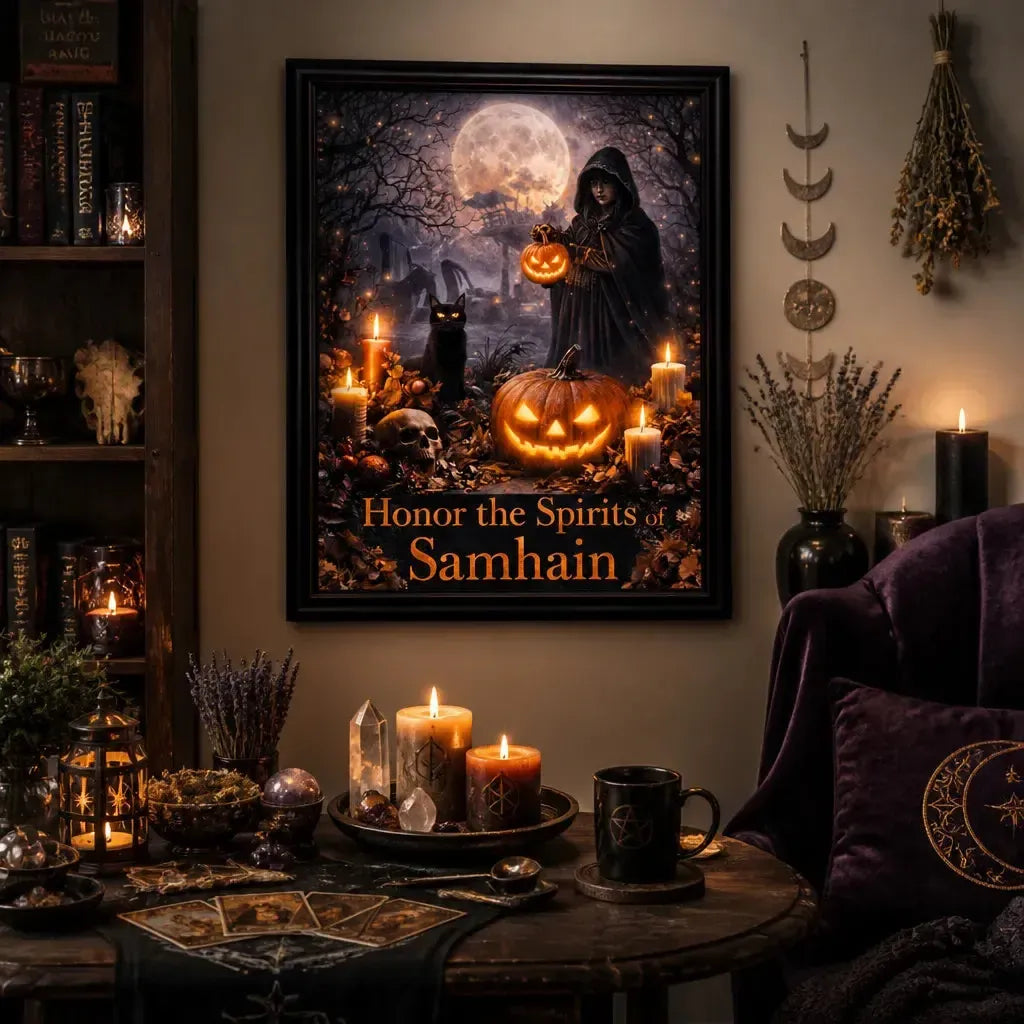 Witchy Halloween Wall Art - Black Framed Gothic Witch Canvas for Wicca Samhain Decor_mockup_1.webp