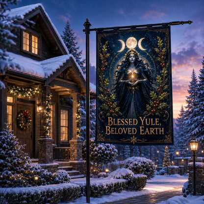 Close-up of Yule Goddess Awakening house flag showing goddess artwork