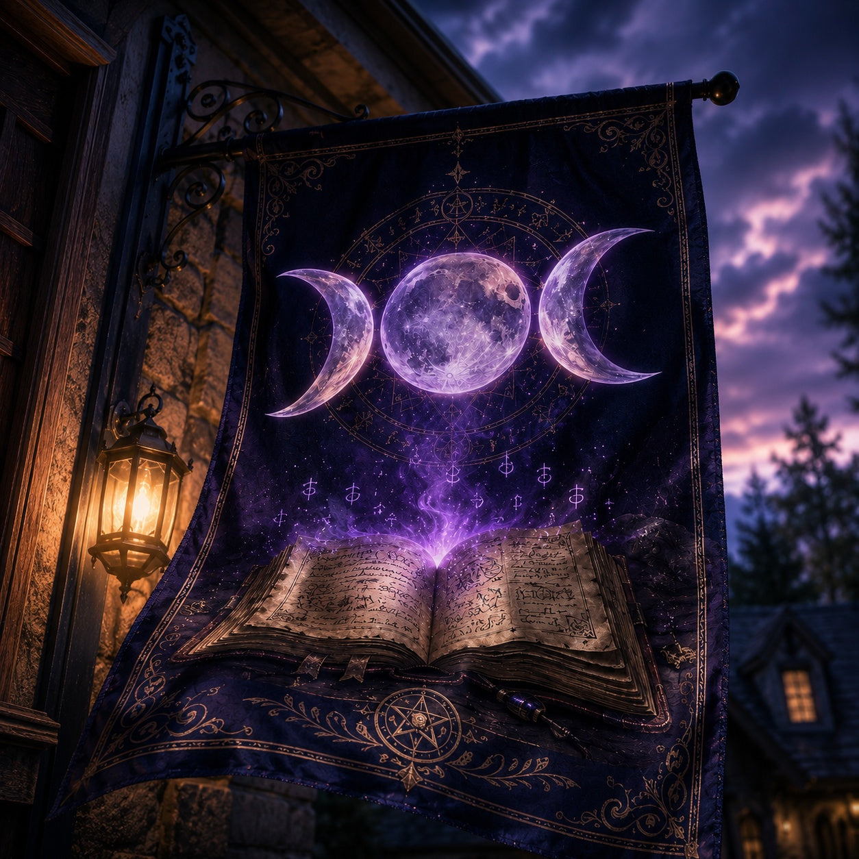 Wicca Triple Moon house flag mockup hanging outdoors as pagan porch decor