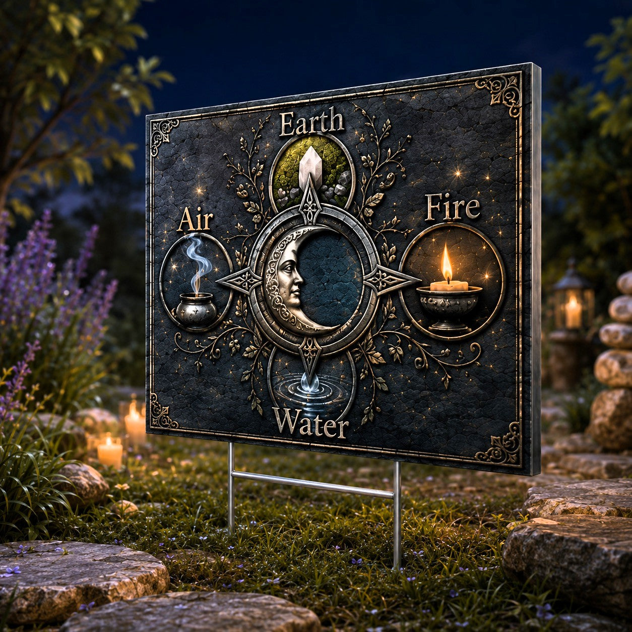 Elements Earth Air Fire Water Wicca Yard Sign - front view
