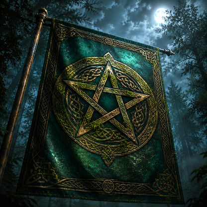 Pagan Celtic Pentacle house flag mockup hanging outdoors as pagan decor