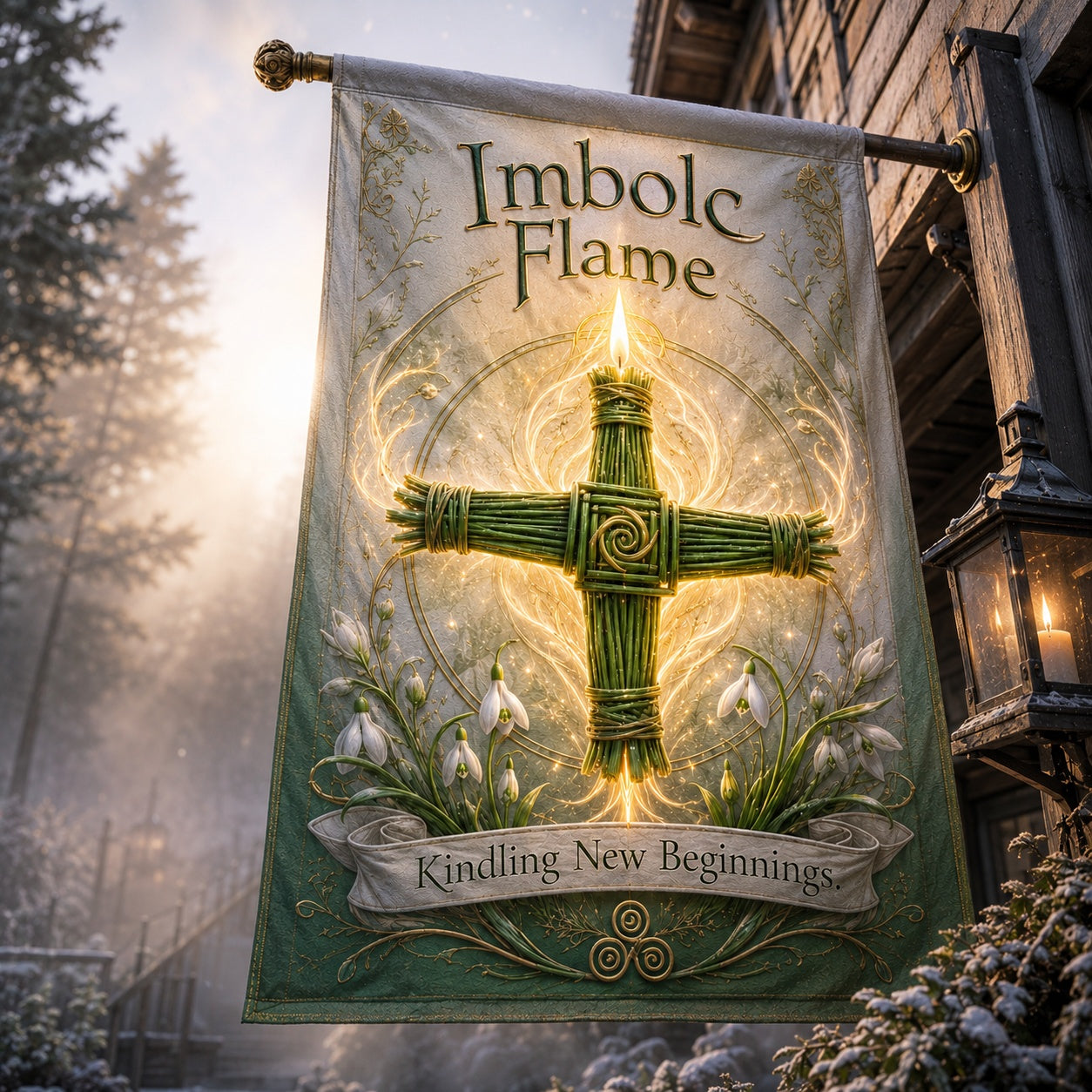 Imbolc Flame house flag mockup hanging outdoors as pagan decor