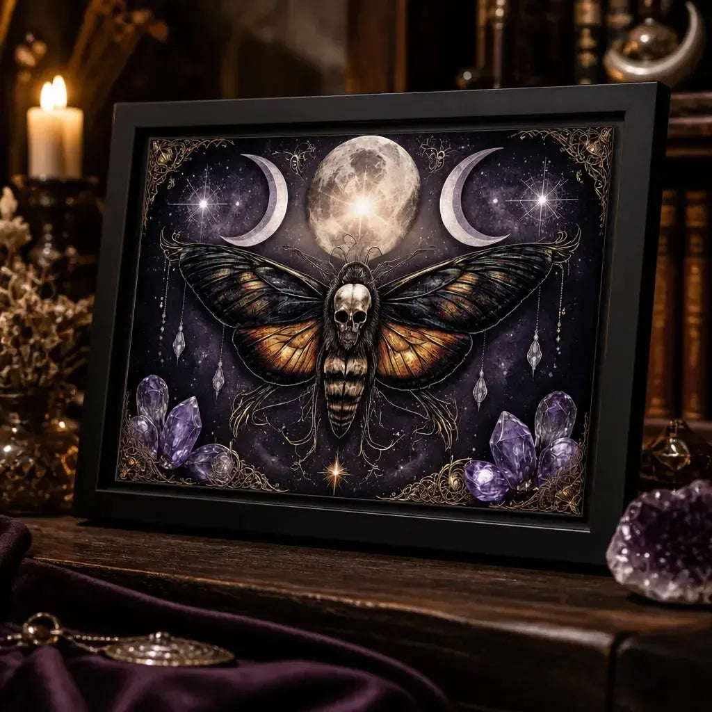Gothic Death Moth Wall Art with Triple Moon - Black Framed Canvas Print for Witchy Halloween Decor_mockup_3.webp