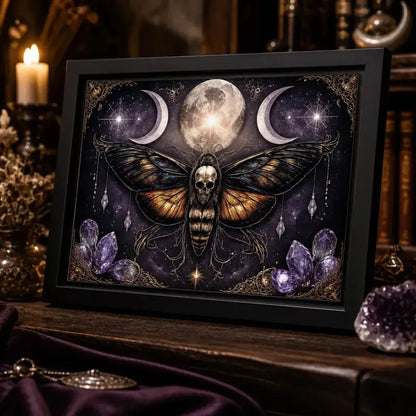 Gothic Death Moth Wall Art with Triple Moon - Black Framed Canvas Print for Witchy Halloween Decor_mockup_3.webp