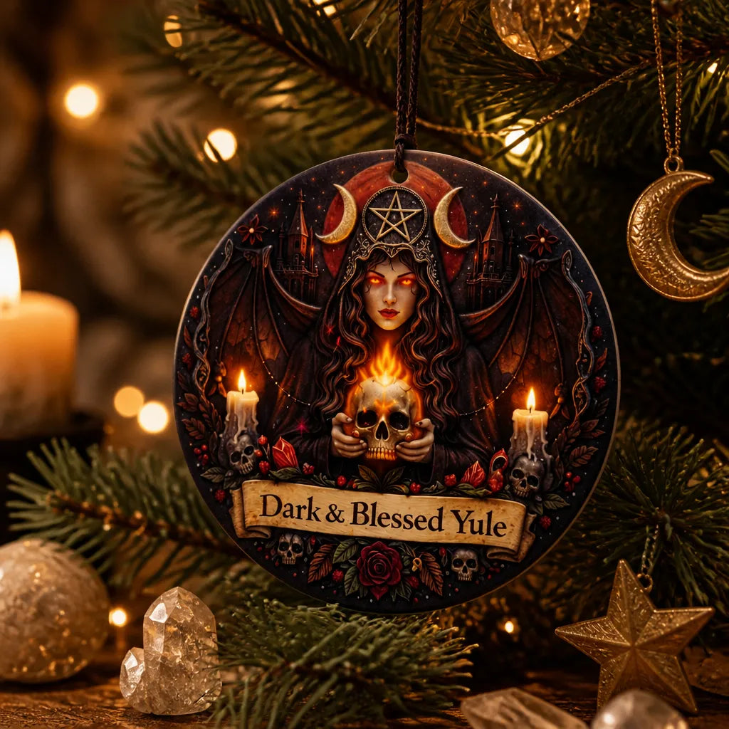 Dark Witch Ceramic Ornament with Skull, Triple Moon – Gothic Halloween Christmas Tree Decor_mockup_1.webp