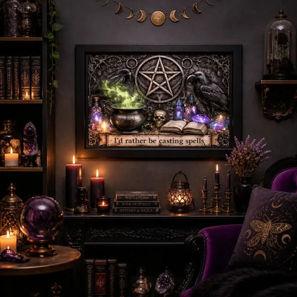 Wiccan Pentacle Wall Art with Raven - Black Framed Canvas Print for Halloween Gothic Spiritual Decor_mockup_1.webp