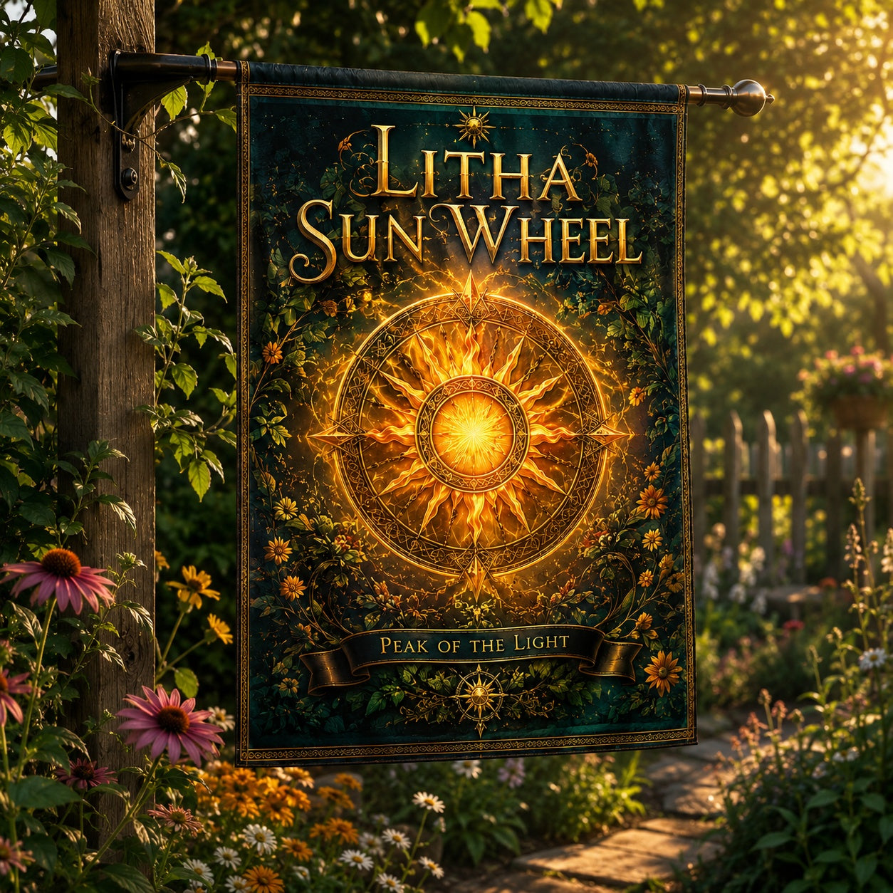Close-up of Litha Sun Wheel house flag showing sun wheel artwork