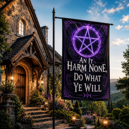 Close-up of Wiccan Rede pentacle house flag showing pagan lettering and symbol detail