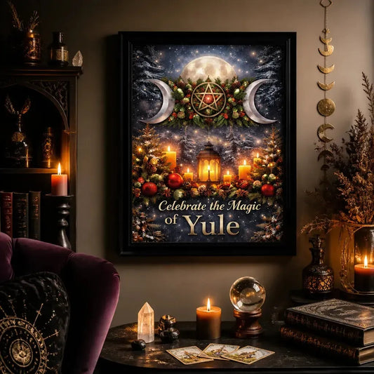 Pagan Triple Moon Black Framed Art Print - Wicca Canvas Wall Art for Yule Decor_mockup_1.webp