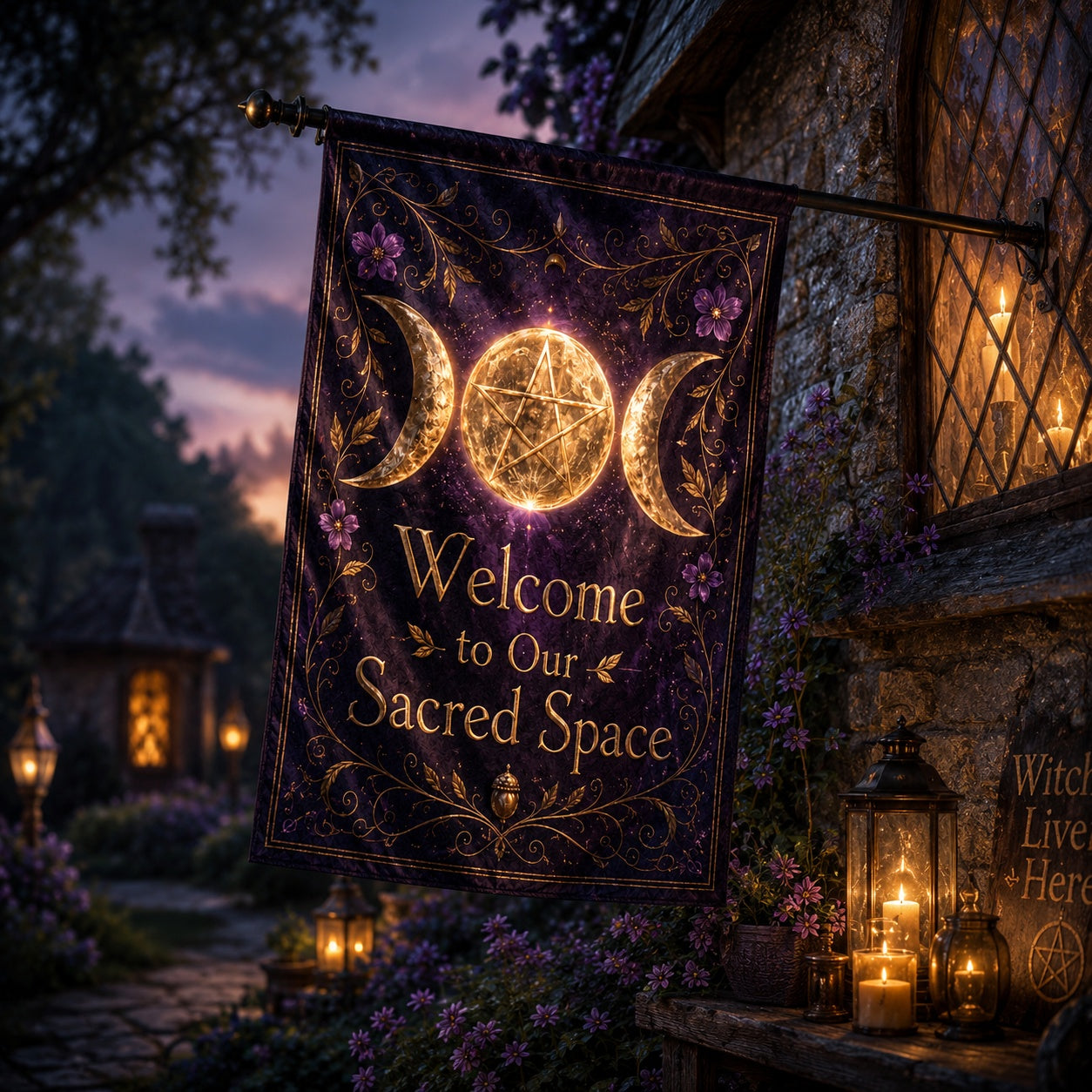 Close-up of Triple Moon Pentacle house flag showing pentacle and moon artwork